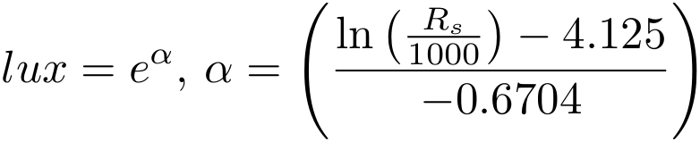 lux = e^a, a=(ln(Rs/1000)-4.125)/-0.6704