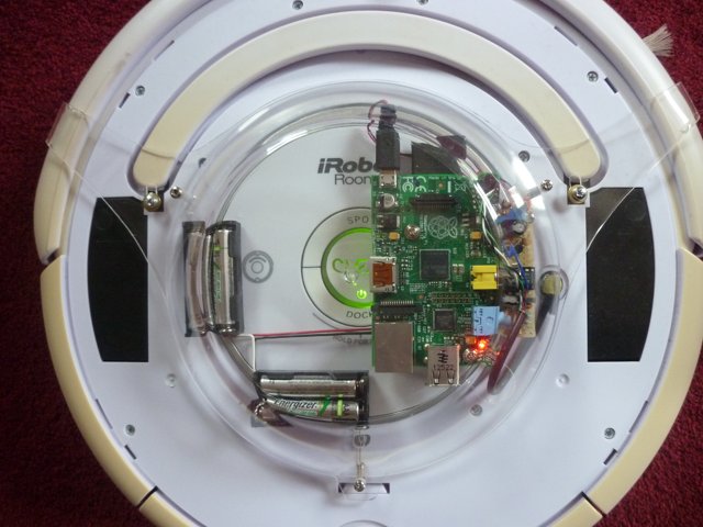 A raspberry pi on a Roomba - top view
