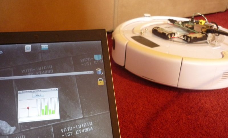 my laptop running the Roo Pie remote control interface with the roomba finding the sofa.